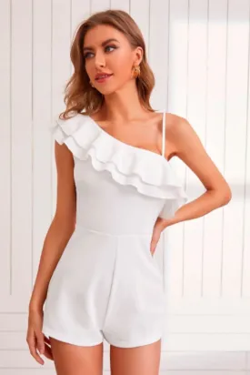 White Asymmetrical Neck Ruffle Tiered Layer Romper