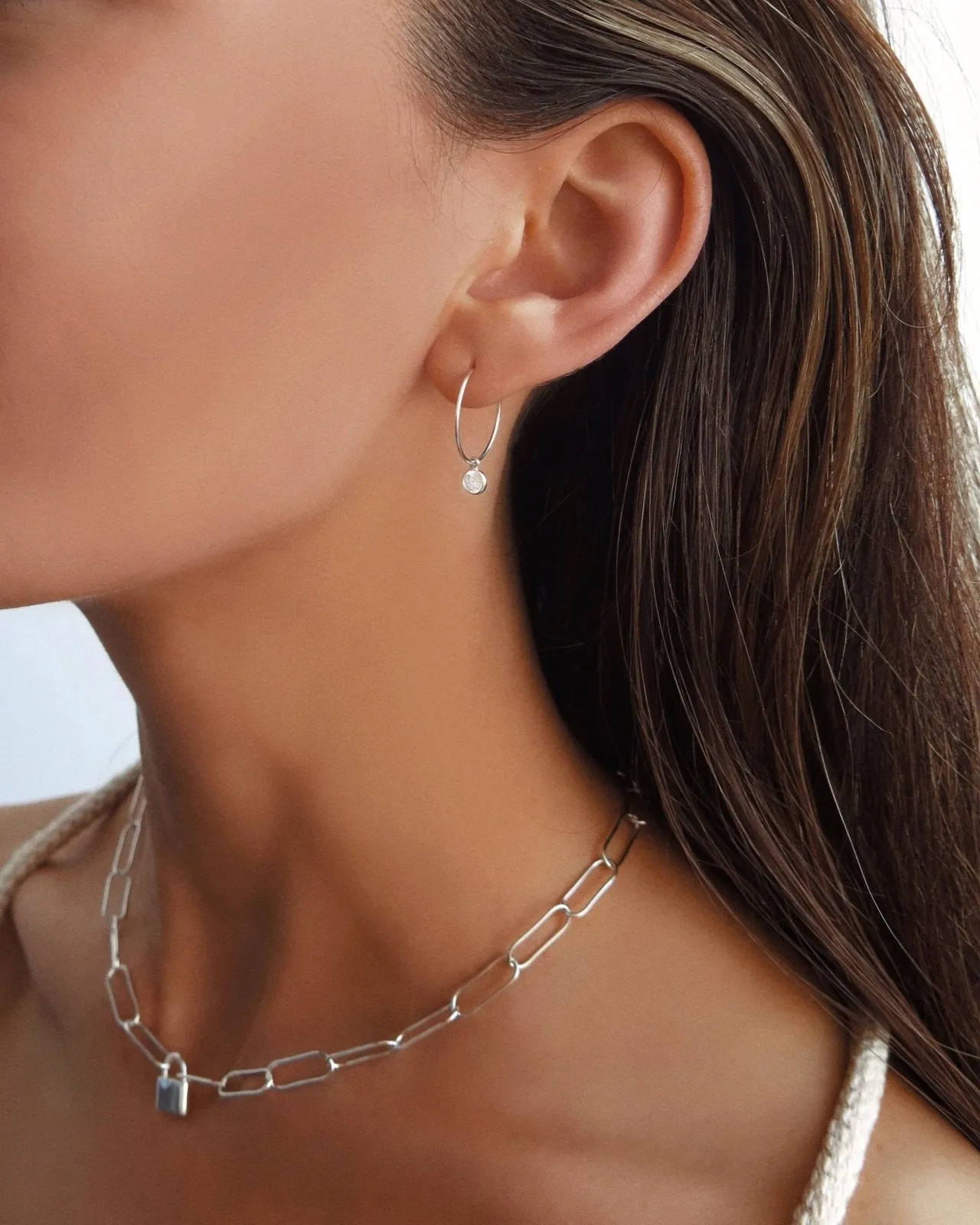 White CZ Hoop Earrings  - Sterling Silver
