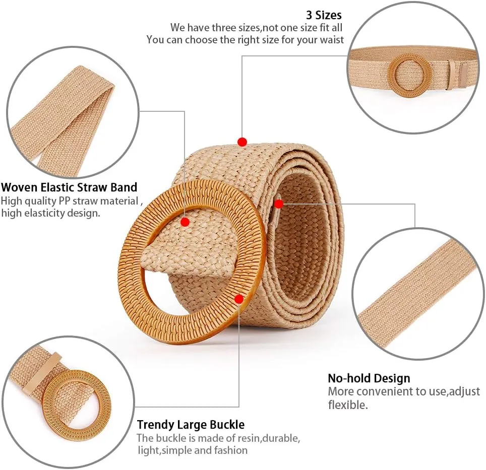 Women Belts For Dresses, Elastic Straw Rattan Waist Band With Large Buckle