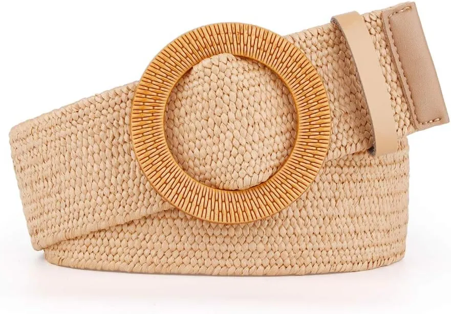 Women Belts For Dresses, Elastic Straw Rattan Waist Band With Large Buckle