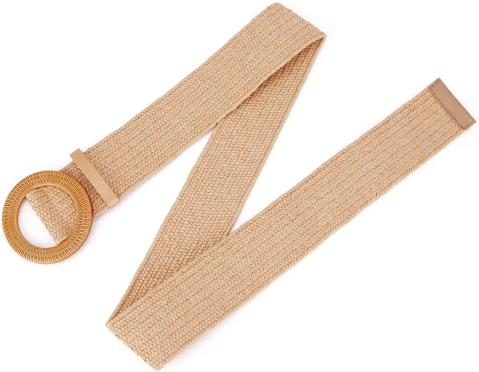 Women Belts For Dresses, Elastic Straw Rattan Waist Band With Large Buckle