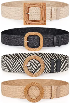 Women Belts For Dresses, Elastic Straw Rattan Waist Band With Large Buckle