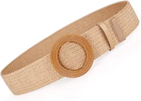 Women Belts For Dresses, Elastic Straw Rattan Waist Band With Large Buckle