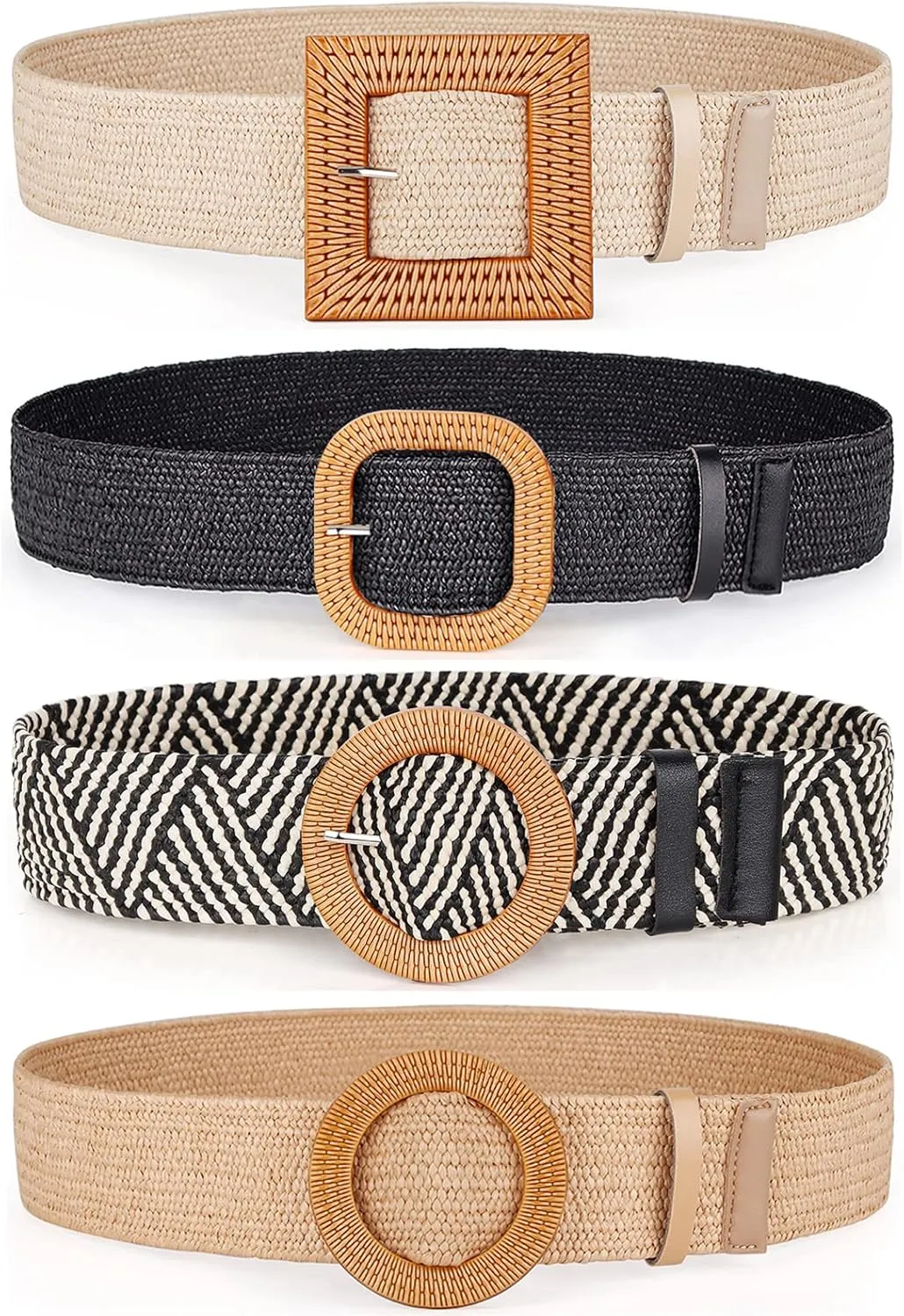 Women Belts For Dresses, Elastic Straw Rattan Waist Band With Large Buckle