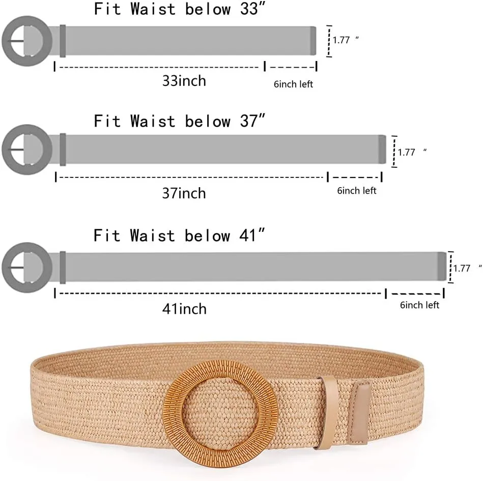 Women Belts For Dresses, Elastic Straw Rattan Waist Band With Large Buckle