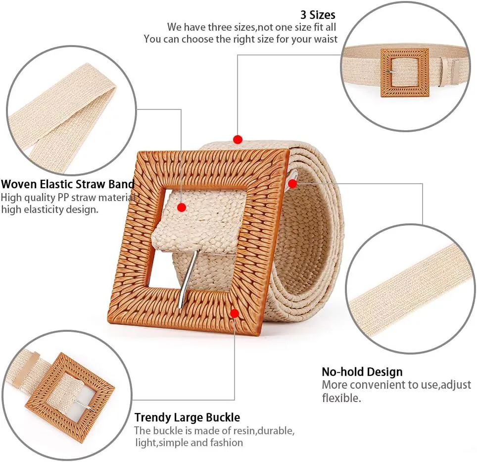 Women Belts For Dresses, Elastic Straw Rattan Waist Band With Large Buckle