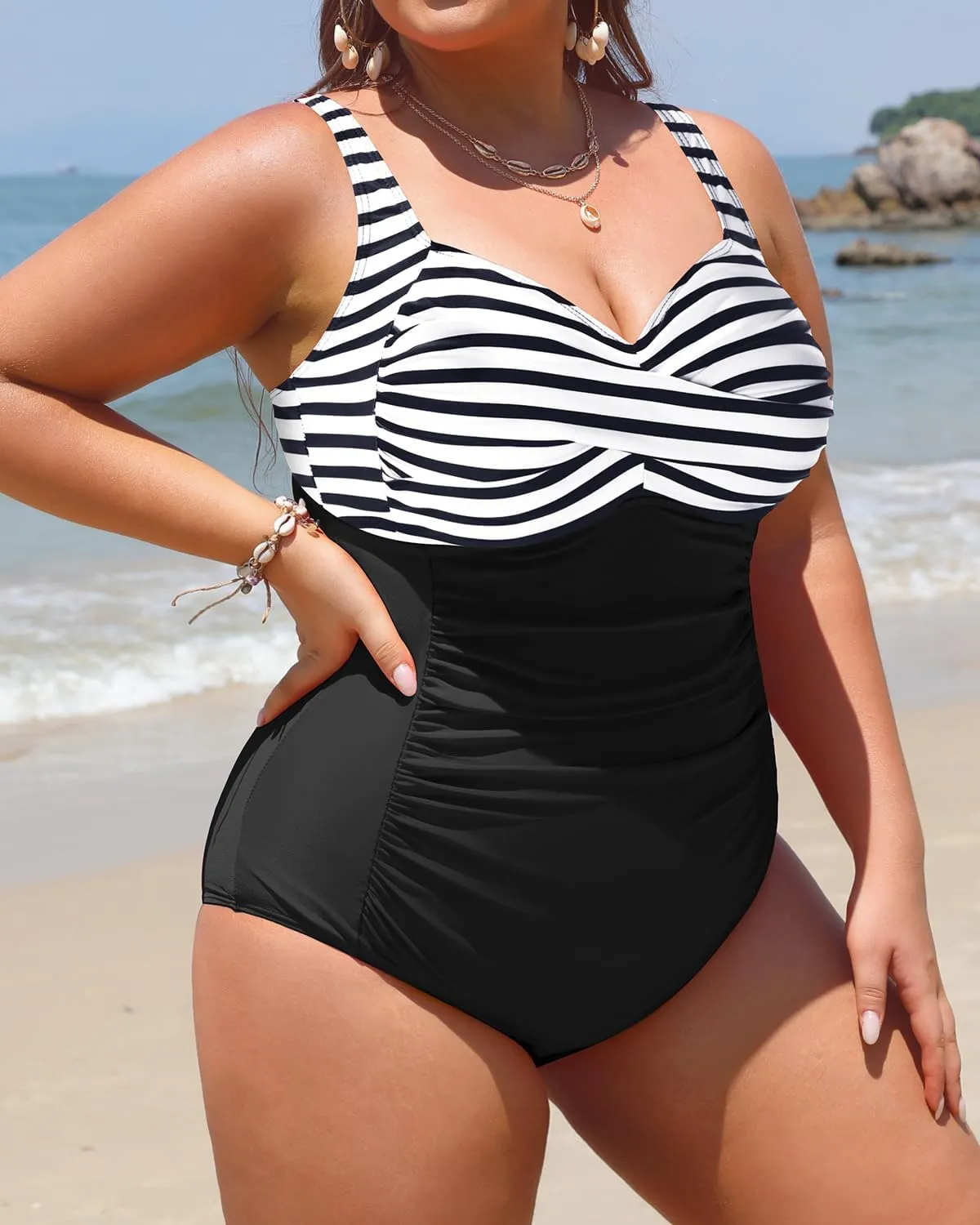 Yonique Women Plus Size One Piece Swimsuits Tummy Control Bathing Suits Twist Front Ruched Swimwear