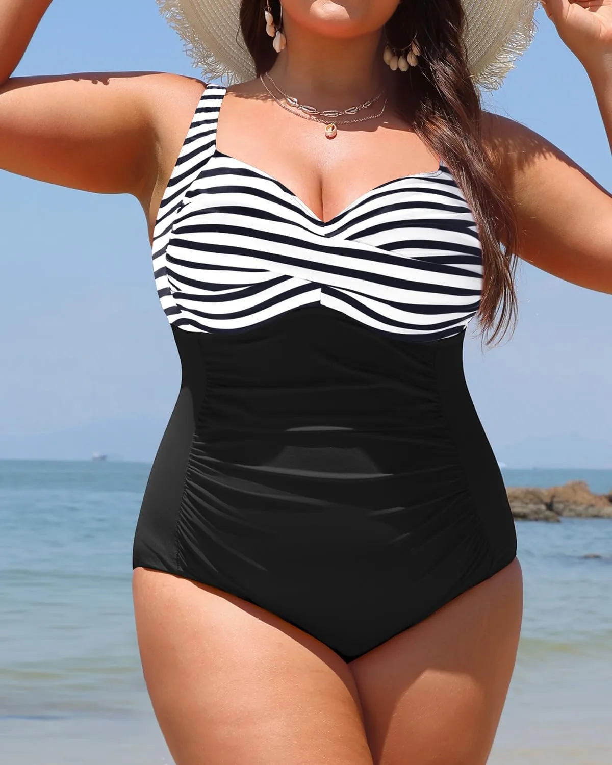 Yonique Women Plus Size One Piece Swimsuits Tummy Control Bathing Suits Twist Front Ruched Swimwear