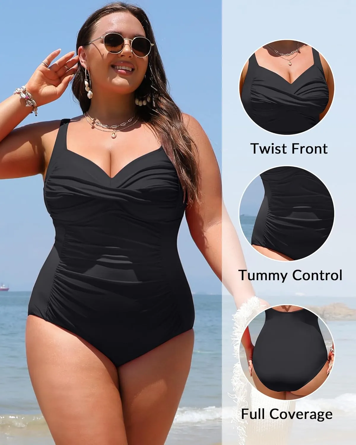 Yonique Women Plus Size One Piece Swimsuits Tummy Control Bathing Suits Twist Front Ruched Swimwear