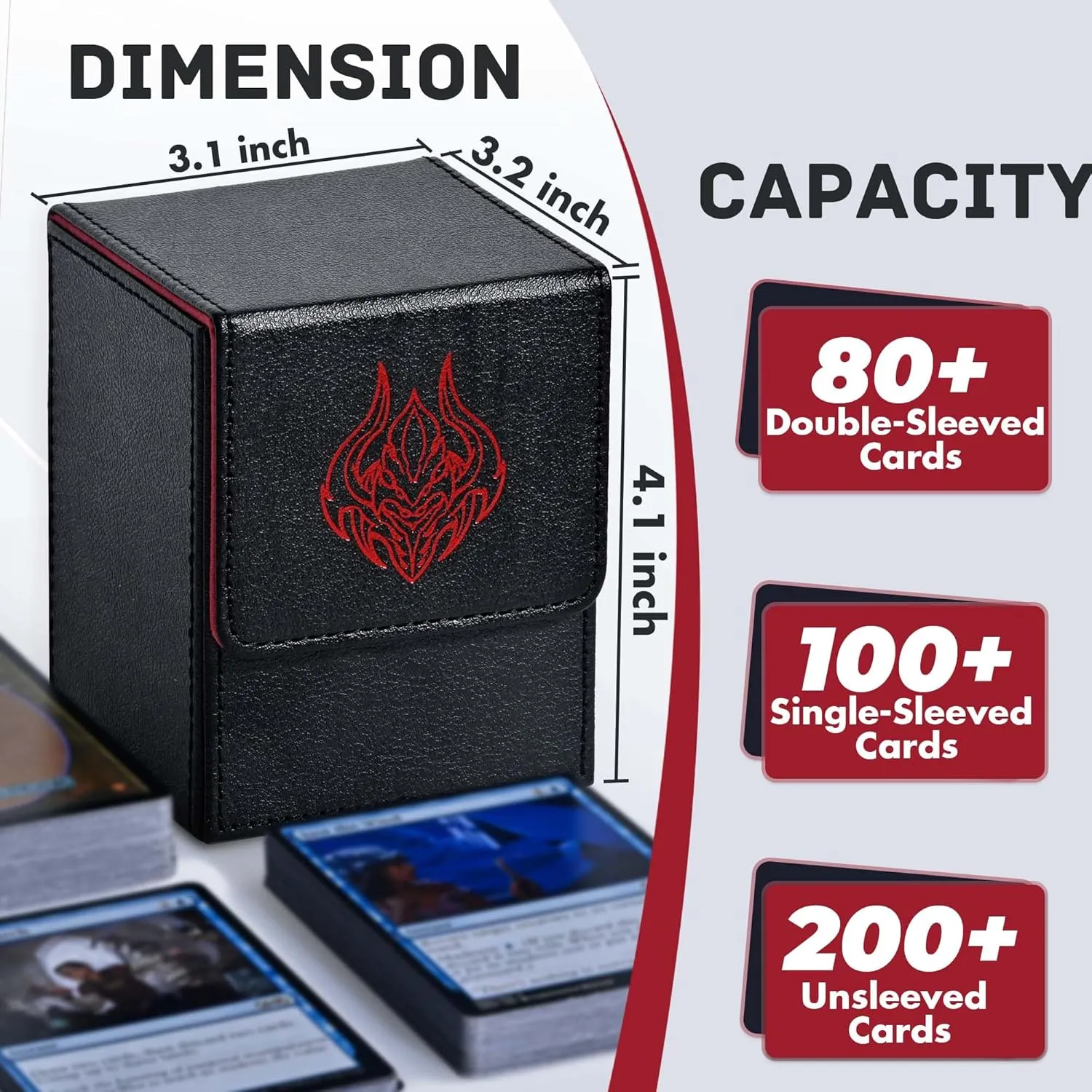 ZLCA Card Deck Box with 2 Dividers, Deck Storage Case Fits 100  Single Sleeved, PU Leather TCG Card Case Holder for Magic Commander Yugioh(Black&Red,Skull)
