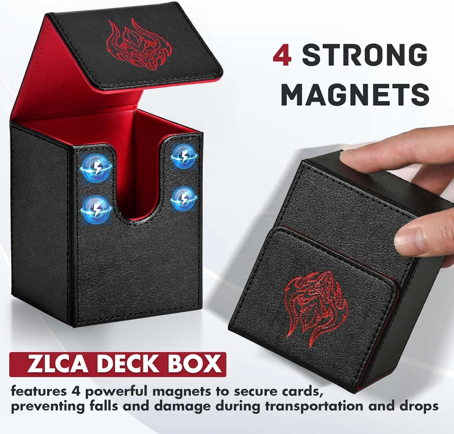 ZLCA Card Deck Box with 2 Dividers, Deck Storage Case Fits 100  Single Sleeved, PU Leather TCG Card Case Holder for Magic Commander Yugioh(Black&Red,Skull)