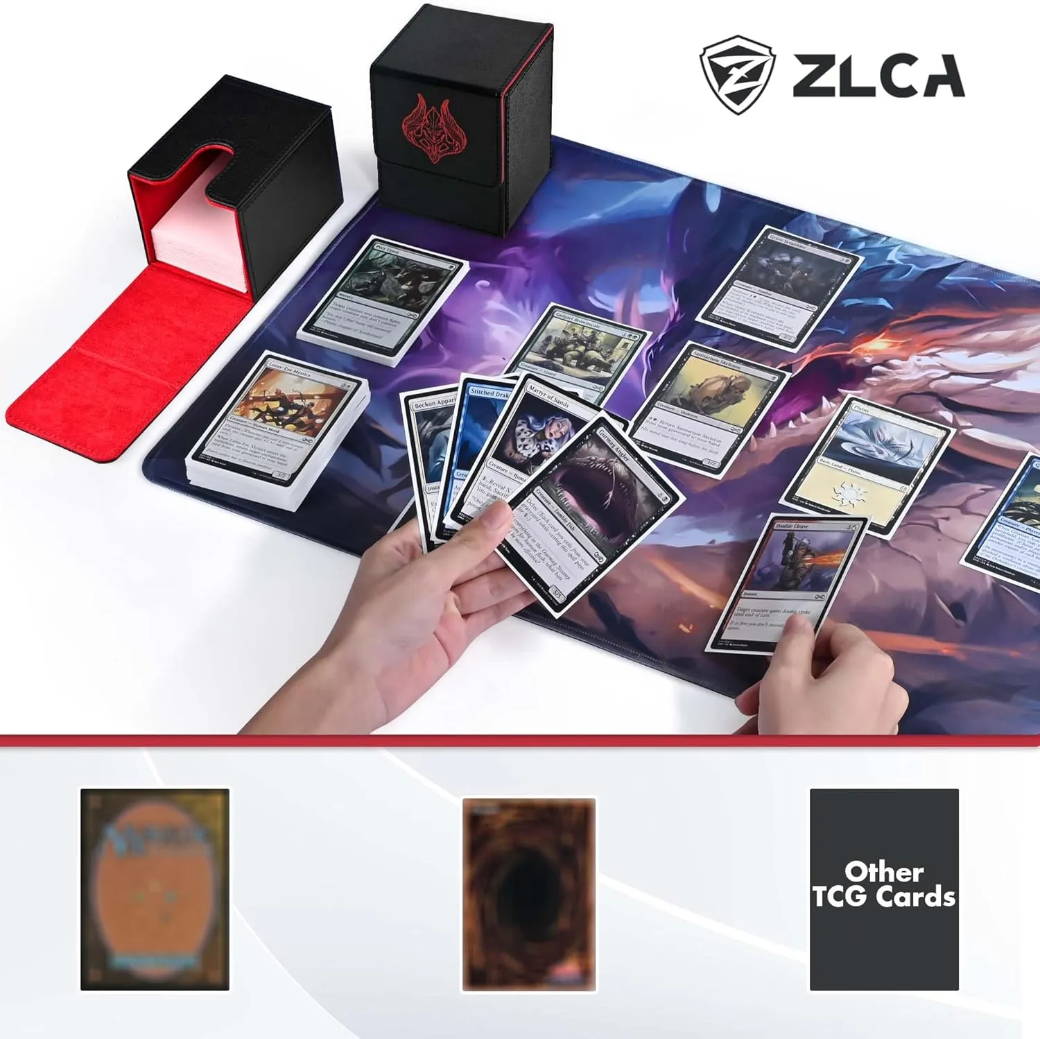 ZLCA Card Deck Box with 2 Dividers, Deck Storage Case Fits 100  Single Sleeved, PU Leather TCG Card Case Holder for Magic Commander Yugioh(Black&Red,Skull)