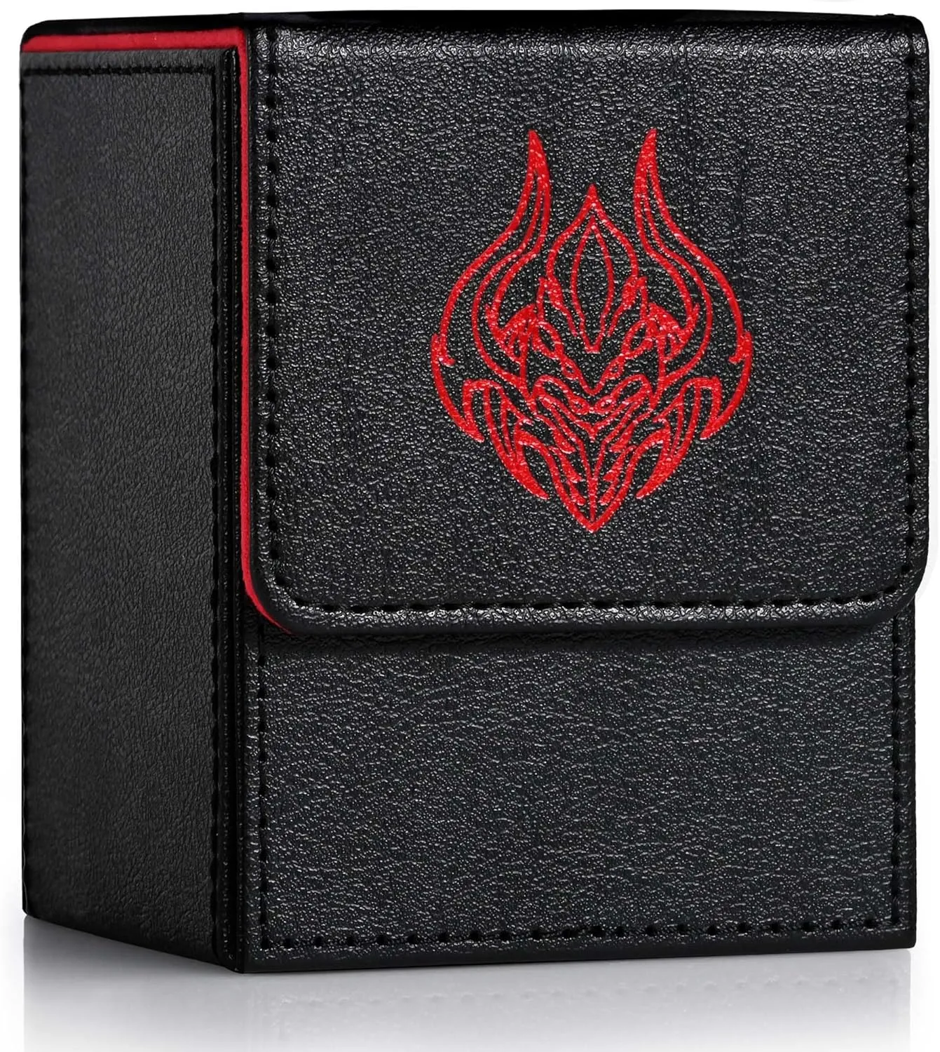 ZLCA Card Deck Box with 2 Dividers, Deck Storage Case Fits 100  Single Sleeved, PU Leather TCG Card Case Holder for Magic Commander Yugioh(Black&Red,Skull)