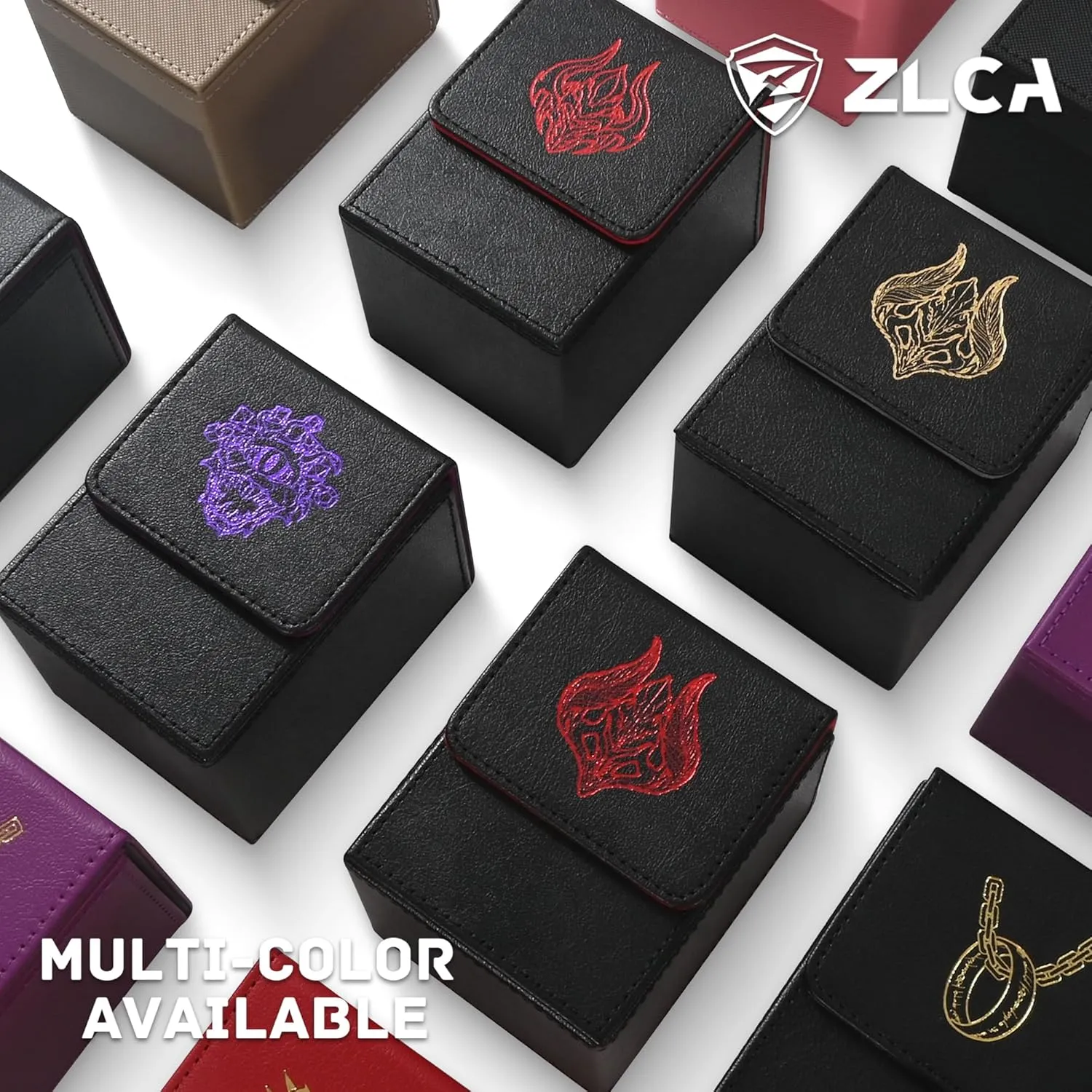 ZLCA Card Deck Box with 2 Dividers, Deck Storage Case Fits 100  Single Sleeved, PU Leather TCG Card Case Holder for Magic Commander Yugioh(Black&Red,Skull)